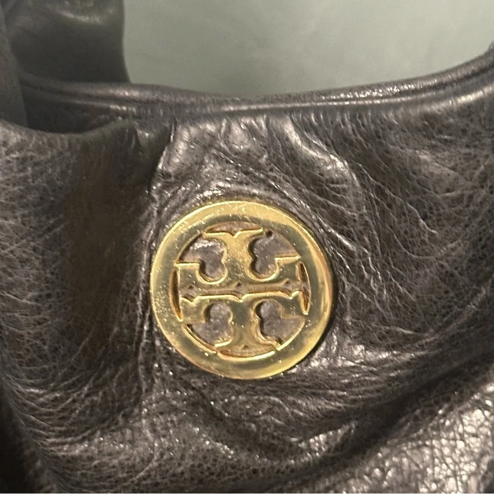 TORY BURCH Dena Black Glazed Distressed Leather Hobo Shoulder Bag